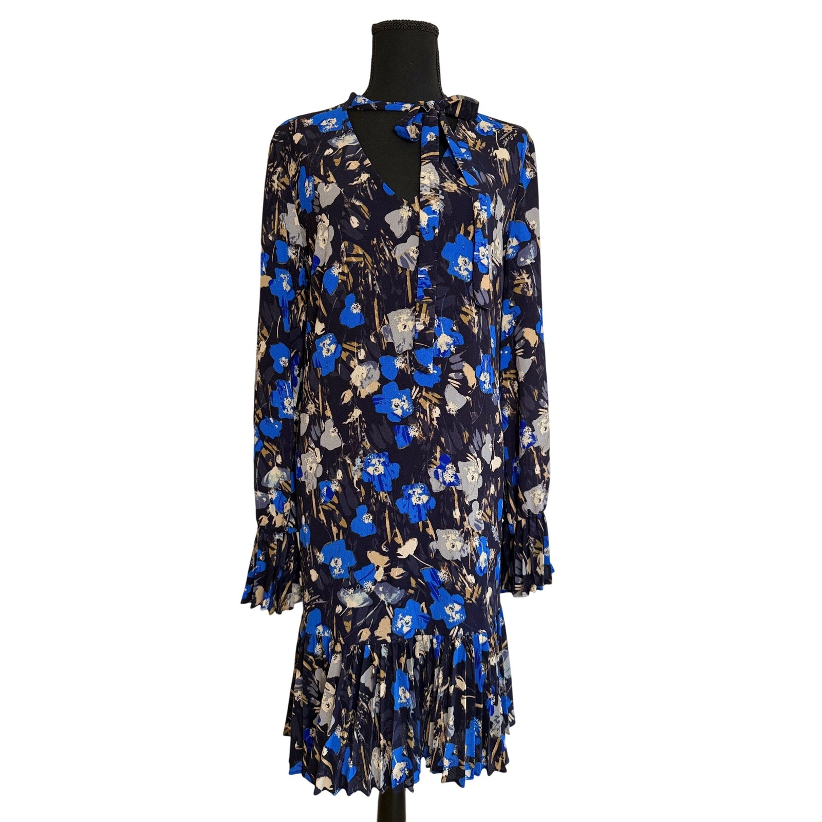 Maggylondon Blue Poppy Tie Neck Bell Sleeve Pleated Hem Shift Dress Plus Size 16